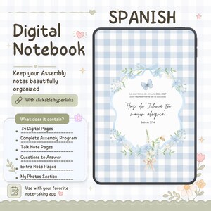 Op de afbeelding: Een digitaal notitieboek voor tablets met een lichtblauwe gingham-kaft, een bloemenkrans, een vlinder en de Spaanse tekst: La asamblea de circuito 2026-2027, Haz de Jehová tu mayor alegría, Salmo 37:4. Bevat 34 pagina's en klikbare hyperlinks.