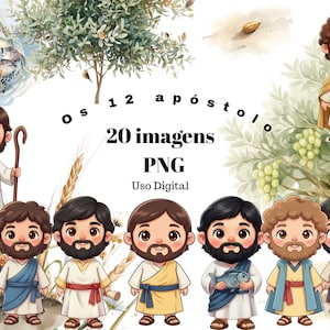 Può includere: Illustrazione ad acquerello con dodici apostoli dei cartoni animati, ognuno con la barba e vestito con abiti. L'immagine include testo in portoghese: "Os 12 apóstolos, 20 imagens, PNG, Uso Digital."