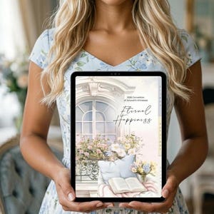 Pode incluir: Um tablet digital exibe uma ilustração em aquarela com o texto "2026 Convention of Jehovah's Witnesses" e "Eternal Happiness". A obra de arte apresenta uma janela, flores, uma almofada e um livro aberto.