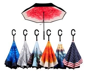 Cat Cartoon Double Layer Inverted Umbrella with C-Shaped Handle Anti-UV Waterproof Windproof Straight Umbrella for Car Rain Outdoor Use