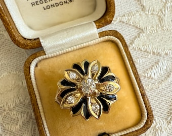 Victoriaanse ring van 14 karaats goud met diamanten en emaille – Old Mine Cuts – Unieke antieke statement ring - Aanbieding tijdens Labor Day