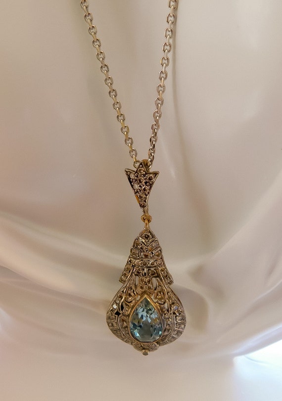 Vintage Aquamarine and Diamond Teardrop Necklace - image 3