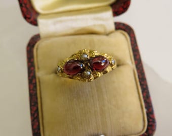 Victorian 9K Gold Garnet & Seed Pearl Ring