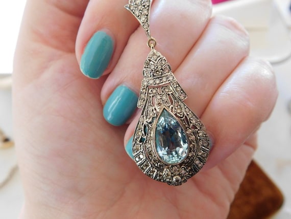 Vintage Aquamarine and Diamond Teardrop Necklace - image 1