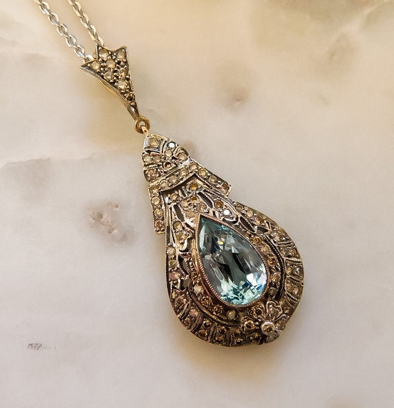 Vintage Aquamarine and Diamond Teardrop Necklace - image 2