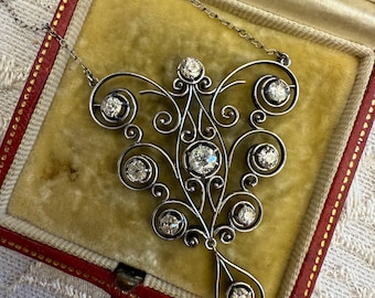 Edwardian Platinum Diamond Necklace | 2ct Old Mine & European Cuts | Antique Filigree Pendant Labor Day Sale