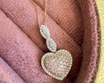14K Rose Gold Heart Necklace with Natural Pink & White Diamond Pendant Labor Day Sale