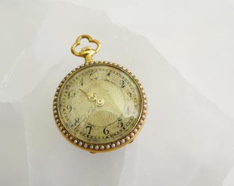 Antique French 18K Gold Guilloché Enamel Pocket Watch with Seed Pearls Labor Day Sale