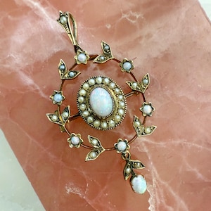 Victorian Opal & Seed Pearl Brooch Pendant: 14K Gold Antique Floral Design