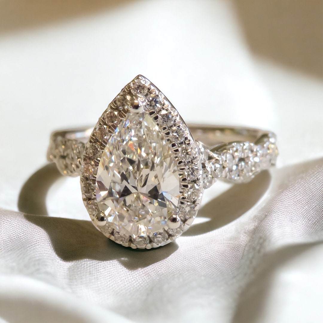 Two Carat Pear Diamond Engagement Ring With Diamond Halo - Etsy