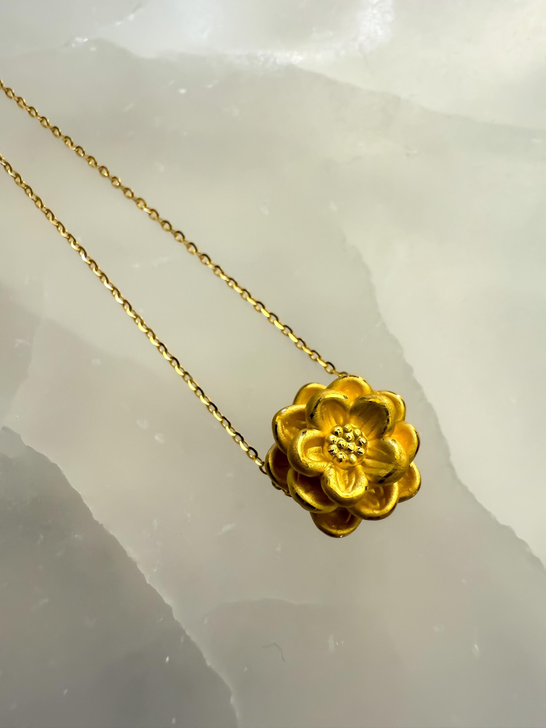 24K Solid Gold Flower Necklace – Pure '999' Gold Slide Pendant, 16