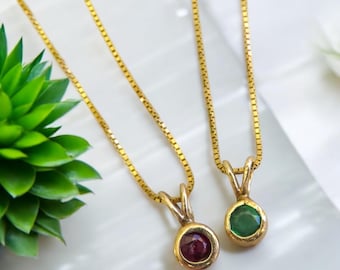 Gemstone Bezel Necklace in 14K Gold Ruby or Emerald