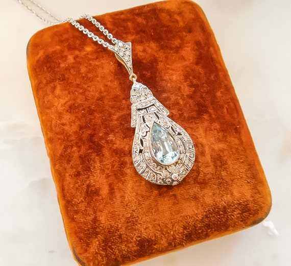 Vintage Aquamarine and Diamond Teardrop Necklace - image 6