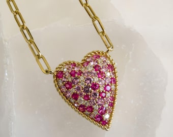 14K Yellow Gold Heart Necklace with Diamond & Pink Sapphire Confetti Labor Day Sale