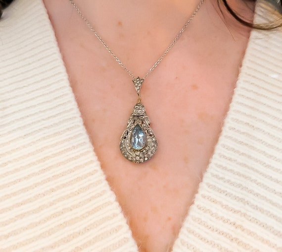 Vintage Aquamarine and Diamond Teardrop Necklace - image 5