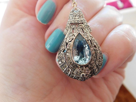 Vintage Aquamarine and Diamond Teardrop Necklace - image 4