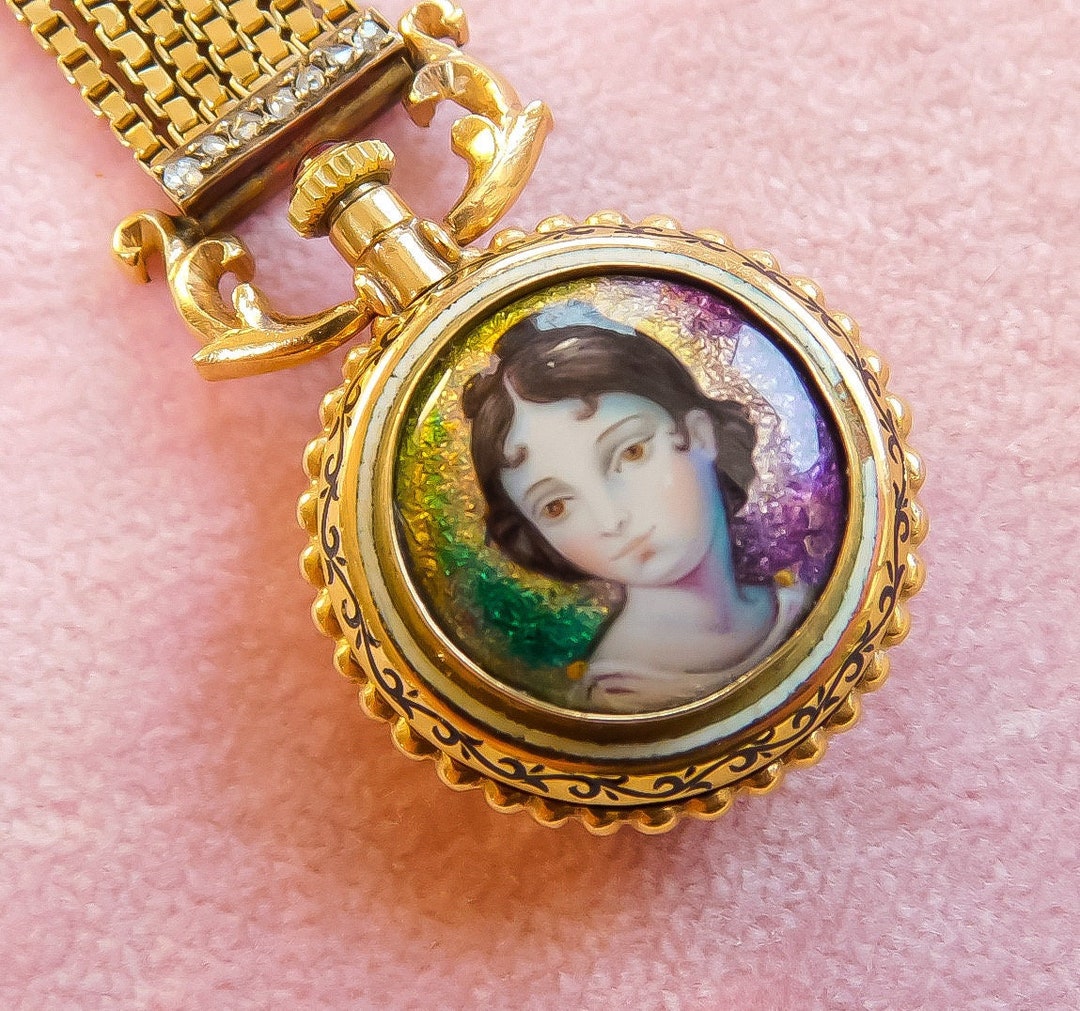 Vintage Pocket Watch Brooch With Enamel Woman Etsy