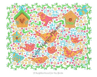 Página para colorear Un barrio para los pájaros Página para colorear para adultos Página para colorear para personas mayores Página para colorear para niños Página para colorear para adolescentes