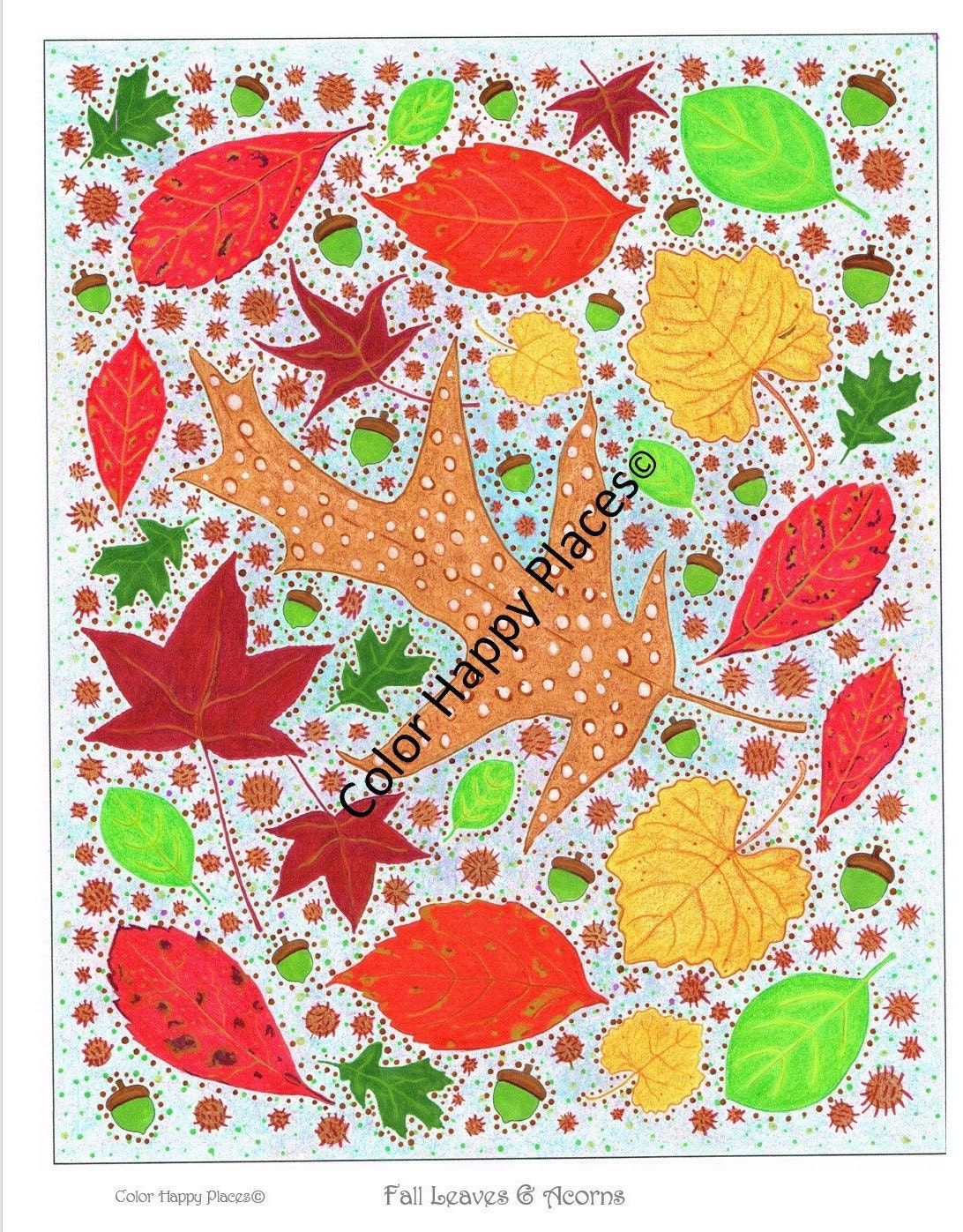 Fall Leaves & Acorns Autumn Coloring Page Full Color Reference | Etsy