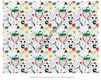 Fresas, mariposas y abejorros para colorear en línea o imprimir Página para colorear para adultos Página para colorear para personas mayores Página para colorear para niños Página para colorear para adolescentes