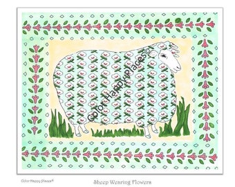 Página para colorear de ovejas con flores Descarga digital rápida Página para colorear para adultos Página para colorear para personas mayores Página para colorear para niños Página para colorear para adolescentes