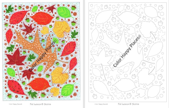 Fall Leaves & Acorns Autumn Coloring Page Full Color Reference