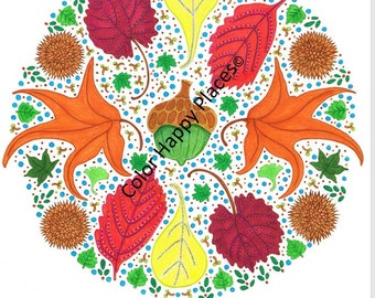Mandalas de bellotas y hojas para colorear, páginas para imprimir y colorear para adultos, páginas para colorear para niños, páginas para colorear para personas mayores, páginas para colorear para adolescentes