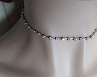 vintage rhinestone necklace, "Afterthoughts" 12 inches with 3 inch extender, silver tone.  see description below