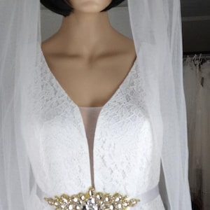 May include: A white lace wedding dress with a plunging neckline and a beaded belt. The dress is paired with a white veil.