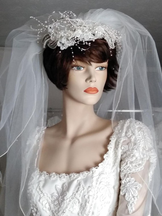 Vintage Beaded Bridal Veil, White, Rhinestones, Pearls, 28 