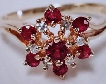 Ruby and Diamond Ring/Estate Find/10 K Yellow Gold/Size 7.25/Vintage Beauty 1980s/Delicate and Feminine On The Hand/Make It Yours!