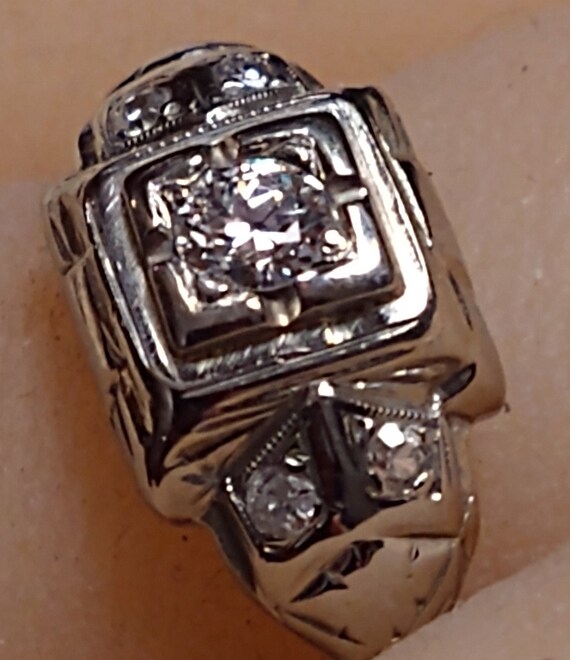Vintage Diamond Engagement Ring/18K White Gold/Ar… - image 4