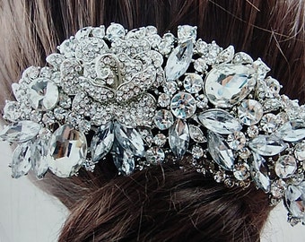 Bejeweled Bridal Hair Accessory Comb/Austrian Crystals/Rose Flower Design/Gorgeous! Diamond Like/Sparkly! Make It Yours!