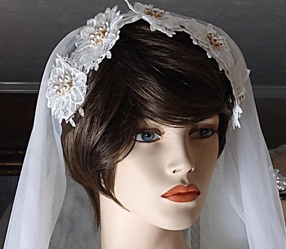 Vintage White Wedding Veil w Floral Headband White Wedding Veil, Floral Crown Veil, Eucalyptus Flower  main image 4