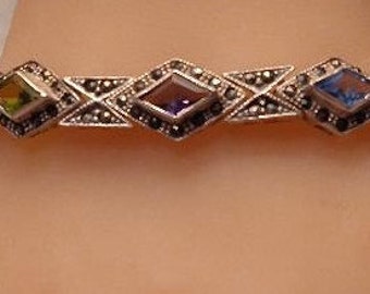 Vintage 1980s Marcasite and Gemstone Sterling silver 925 Bracelet/7 Inch Length/REAL gemtones/Gorgeous on the hand