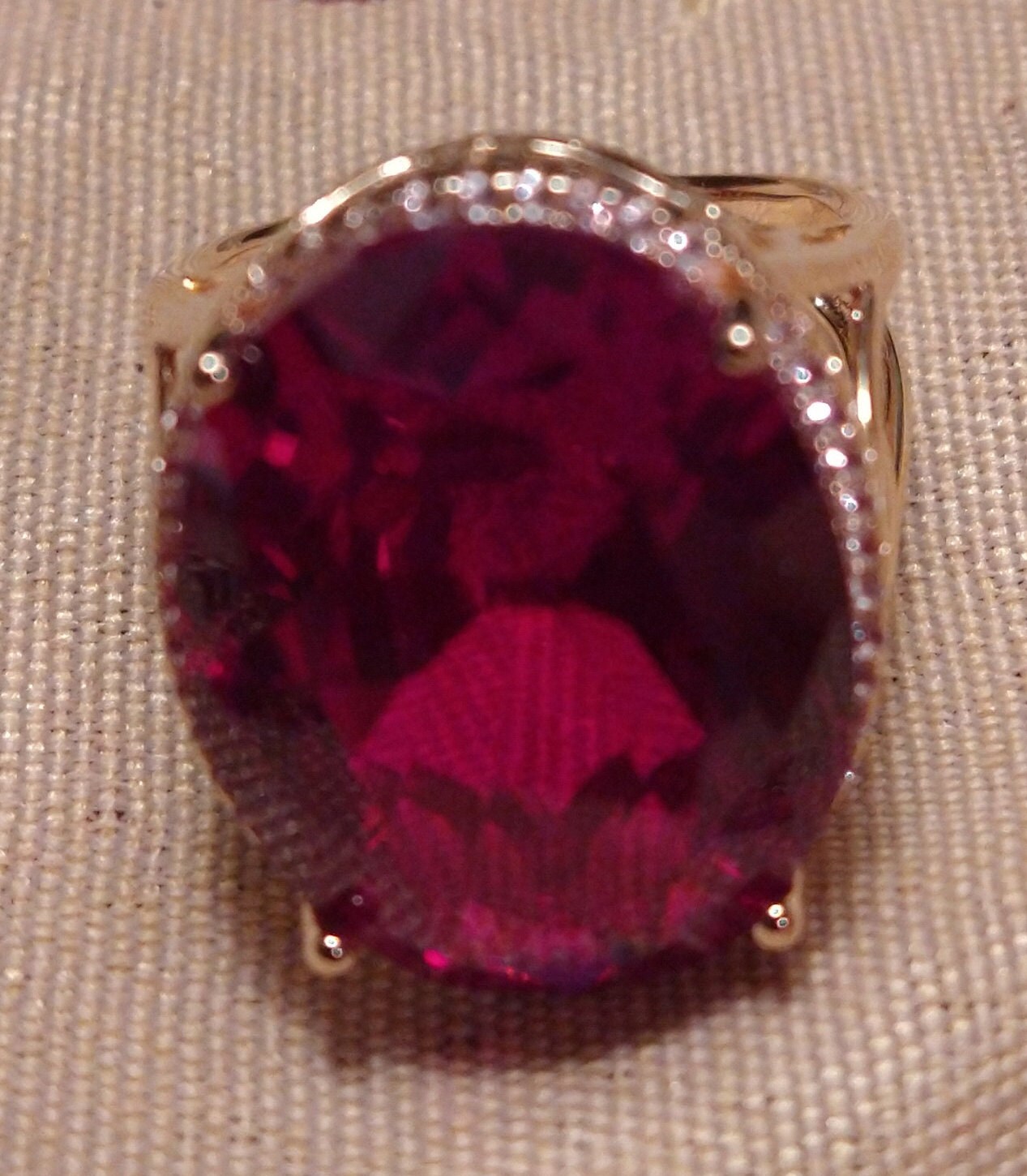 Ruby Ring/Lab Created/21 Carats! Huge Oval Stone/White Topaz Accents/18k Over Silver/Size 7/ A Knockout On Your Hand! Make It Yours!