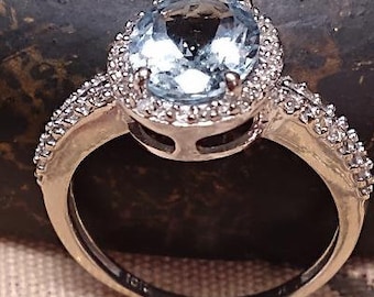 Aquamarine Oval Cut Ring With Diamonds/Halo Design/10K White Gold/Size 7 l/2/Vintage 1990/Estate Sale Find/Make It Yours~!