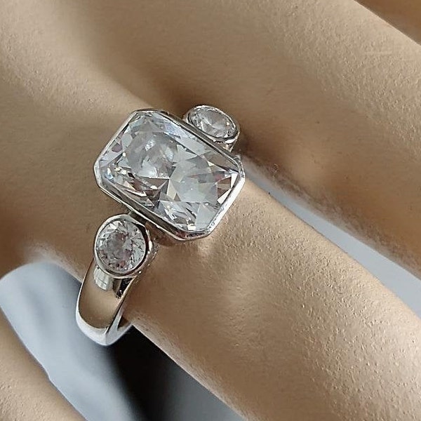 Rose Cut Ring Antique Design Diamond Like Solitaire Center Stone /Two carats/ 1990s/ Sterling Silver 925  see info below