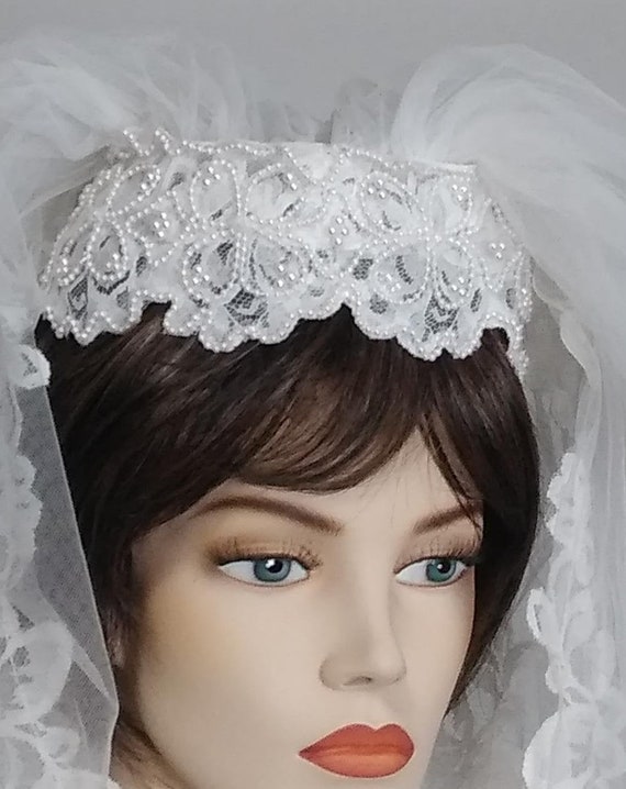 Bridal Veil Cap style, cathedral length, with pea… - image 1