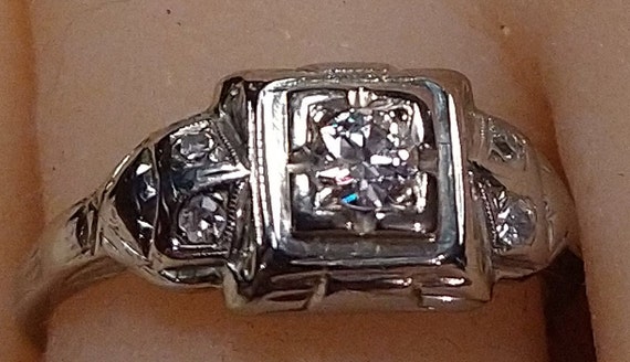 Vintage Diamond Engagement Ring/18K White Gold/Ar… - image 1
