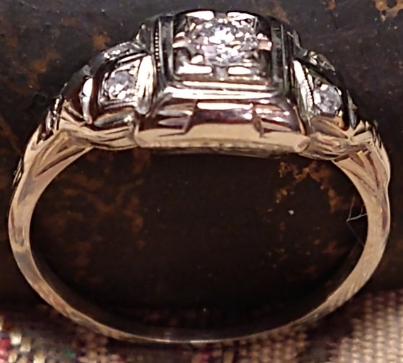Vintage Diamond Engagement Ring/18K White Gold/Ar… - image 5