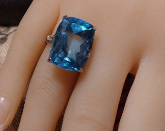 Swiss Blue Topaz Cushion Cut Ring 25 Carats of Gorgeous Ocean Blue Color/Sterling Silver/Size 7/Magnificent Stone/Make This Yours!