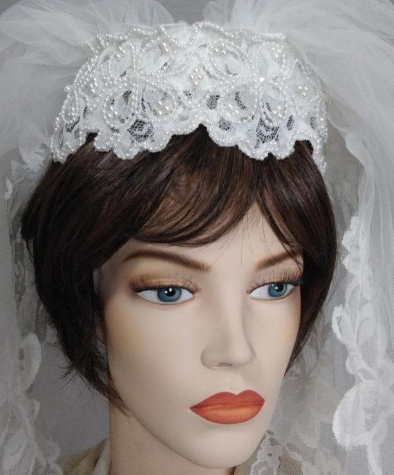 Bridal Veil Cap style, cathedral length, with pea… - image 7