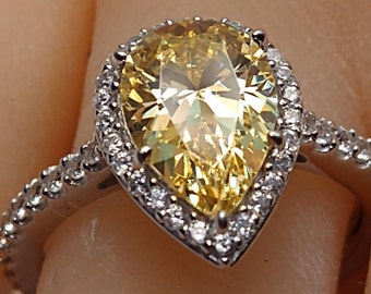 Pear Shaped &quot;Fancy Cut&quot; 3.5 carat Canary Yellow/Diamond Equivalent/ Diamante Ring/ Halo of Zircon stones, Sterling Silver