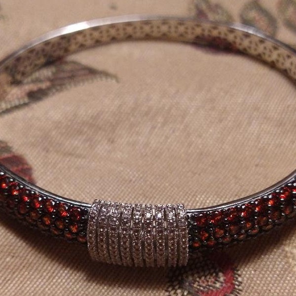 Red Garnet and Zircon Bangle Bracelet/Sterling Silver/Gorgeous!/Fits up to size 7 Wrist/Exquisite Design and Expensive Presentation