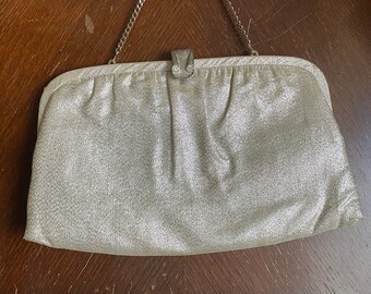 1960s Vintage Silver Clutch Purse with Rhinestone Snap Clip Closure Perfect Party Shiny Glittery Accessory Mid Century Modern Golden Era
