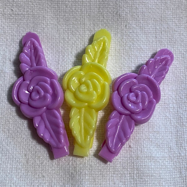 Vintage Rose Barrettes 3 Goody Novelty Hair Accessories Clips Pastel Purple/Yellow