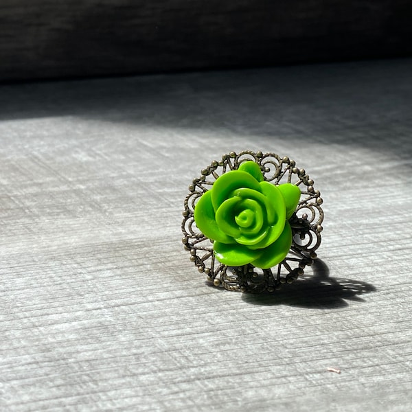 Retro Lime Green Rose and Brass Filigree Adjustable Ring