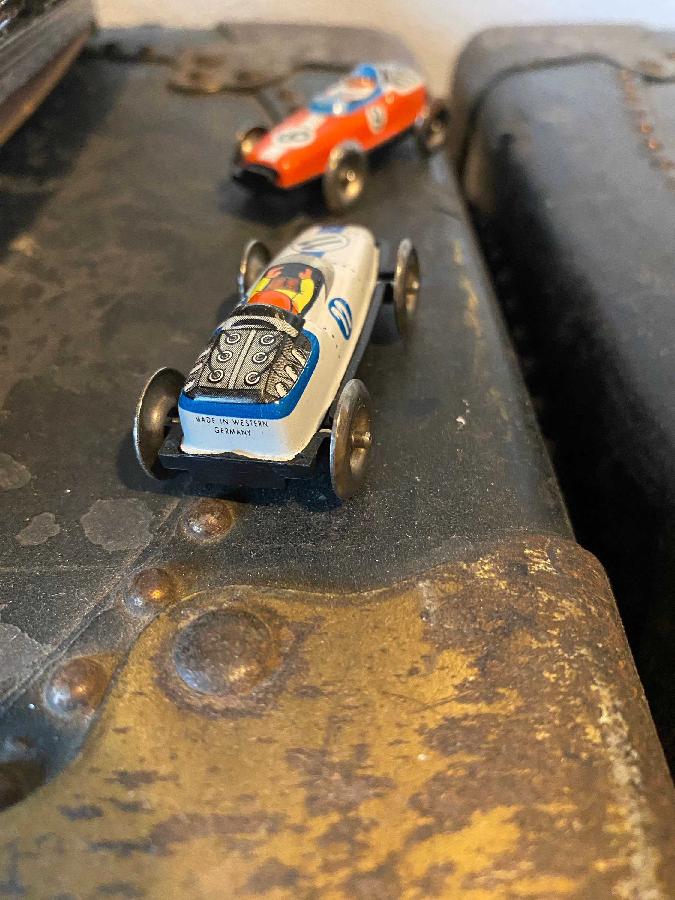 ANTIQUE Tin Litho Toy Race Car Set Made in West Germany