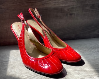 Patent Leather Cherry Red Nordstrom Boutique 1950s Style Slingback Pumps Vintage 1990s Heels Boudoir Costume Perfect Demure Mindful Gift
